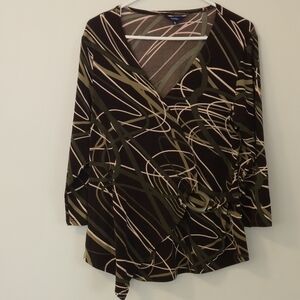 Reitmans XL Faux Wrap Top Abstract Swirl Olive Brown Cream Buckle Academic Artly